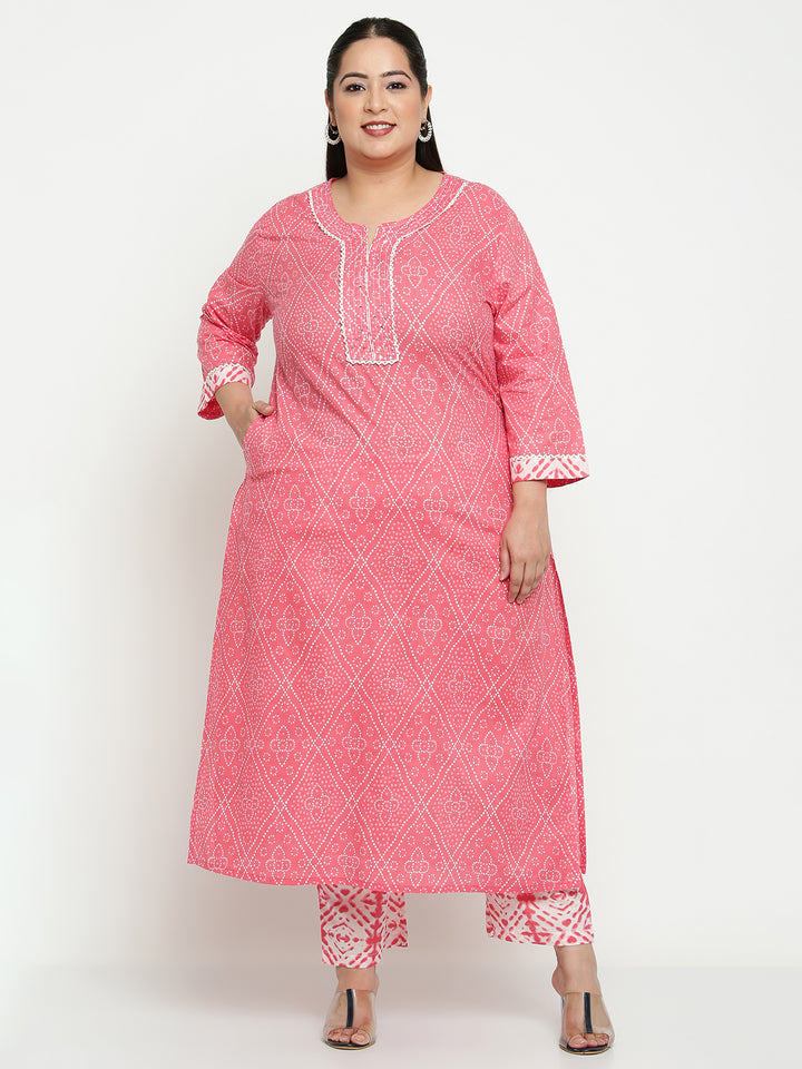 Women Pink Printed Plus Size Kurta with Trousers