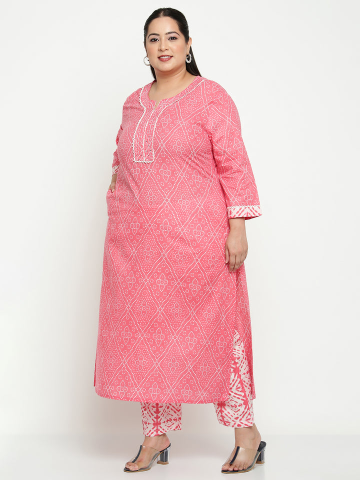 Women Pink Printed Plus Size Kurta with Trousers
