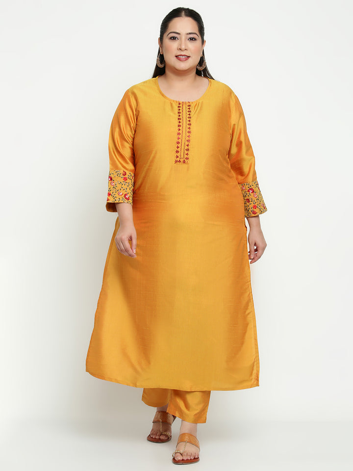 Women Mustard Embroidered Plus Size Kurta with Trousers