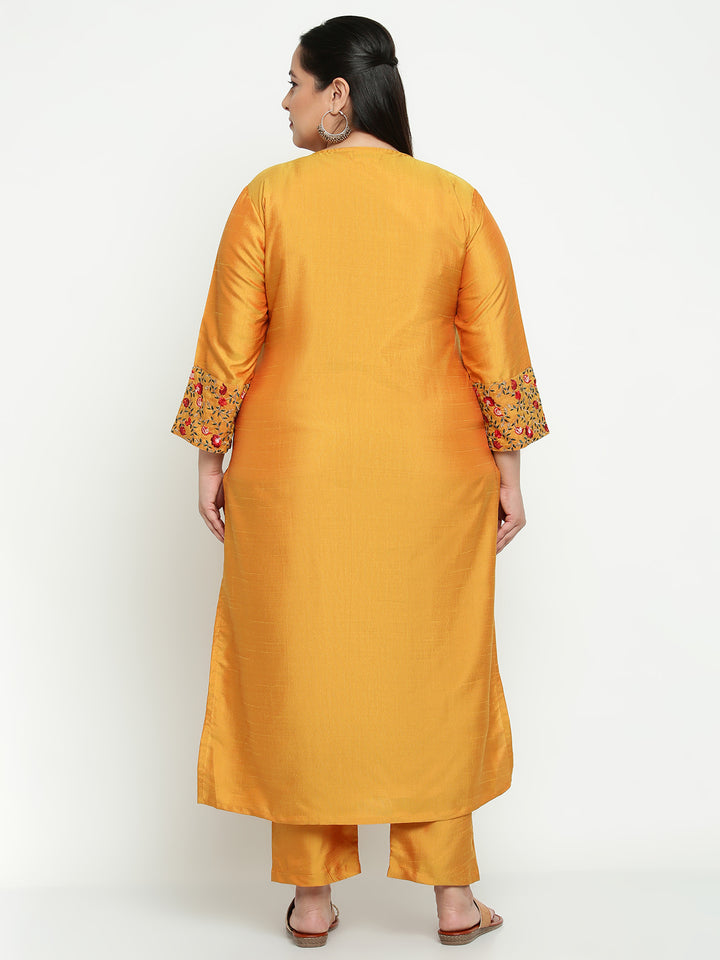 Women Mustard Embroidered Plus Size Kurta with Trousers