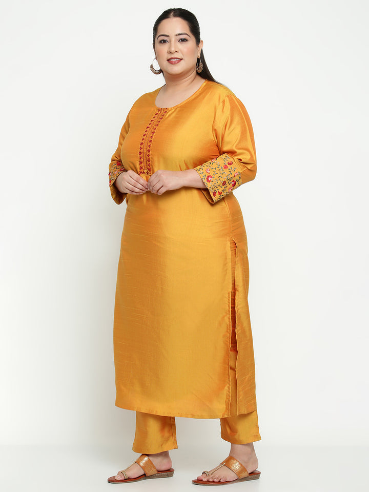 Women Mustard Embroidered Plus Size Kurta with Trousers