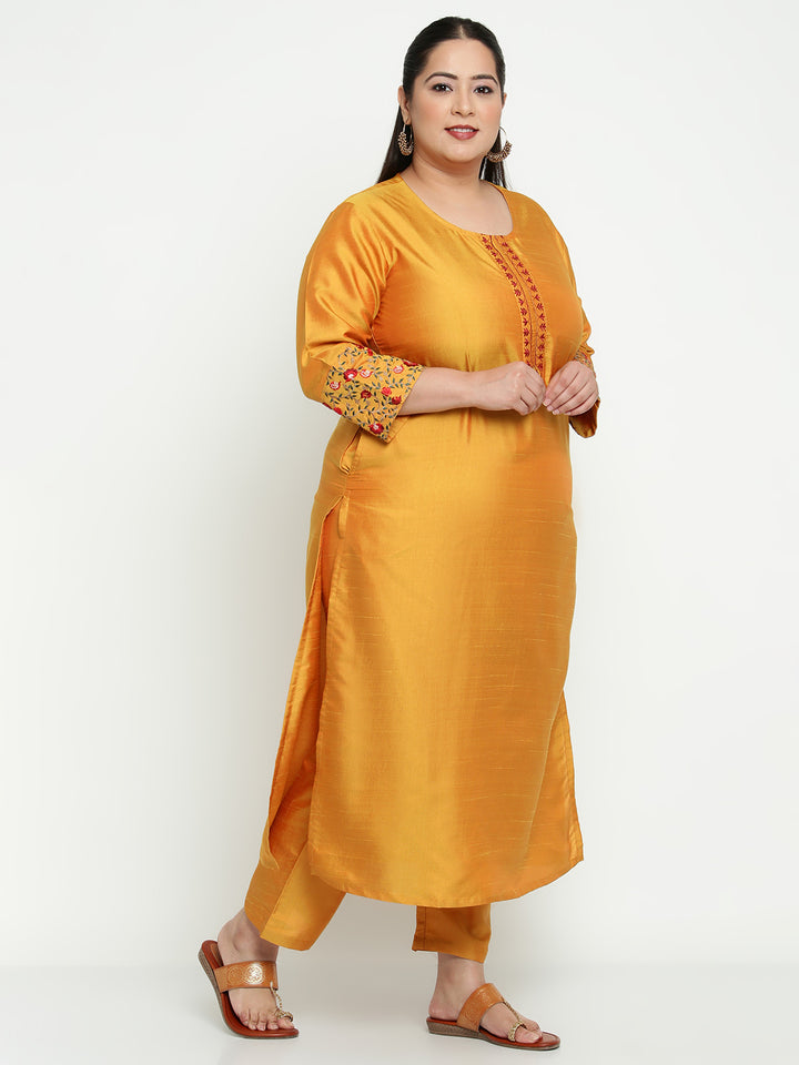 Women Mustard Embroidered Plus Size Kurta with Trousers