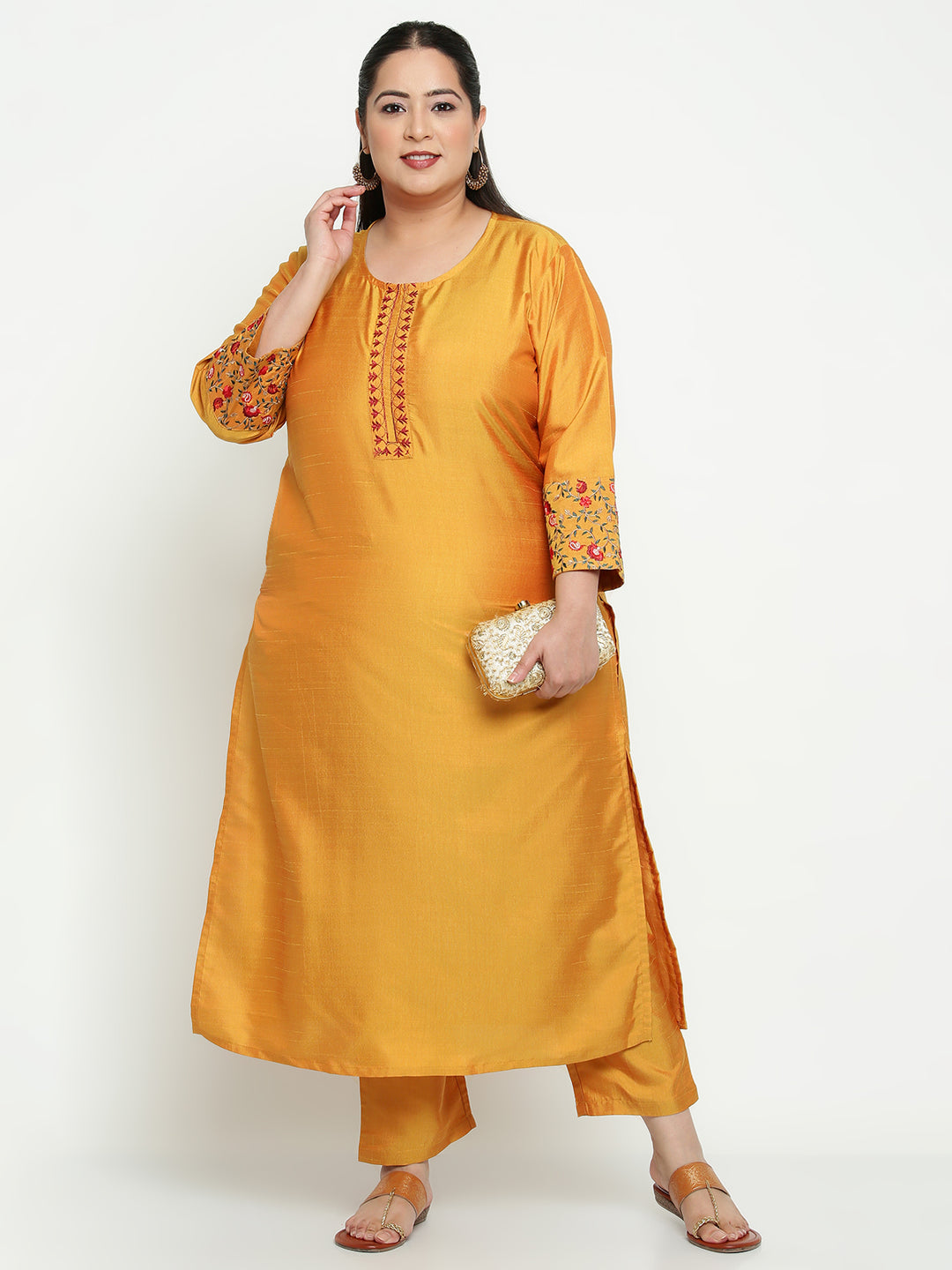 Women Mustard Embroidered Plus Size Kurta with Trousers