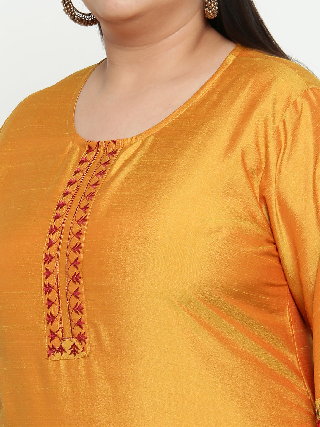 Women Mustard Embroidered Plus Size Kurta with Trousers