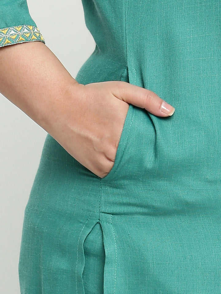 Women Green Embroidered Yoke Plus Size Kurta with Trousers and Dupatta