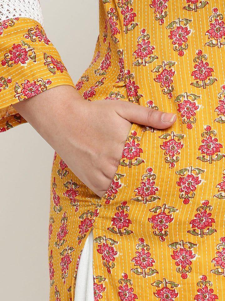 Women Yellow Printed Lace Detailing Plus Size Kurta