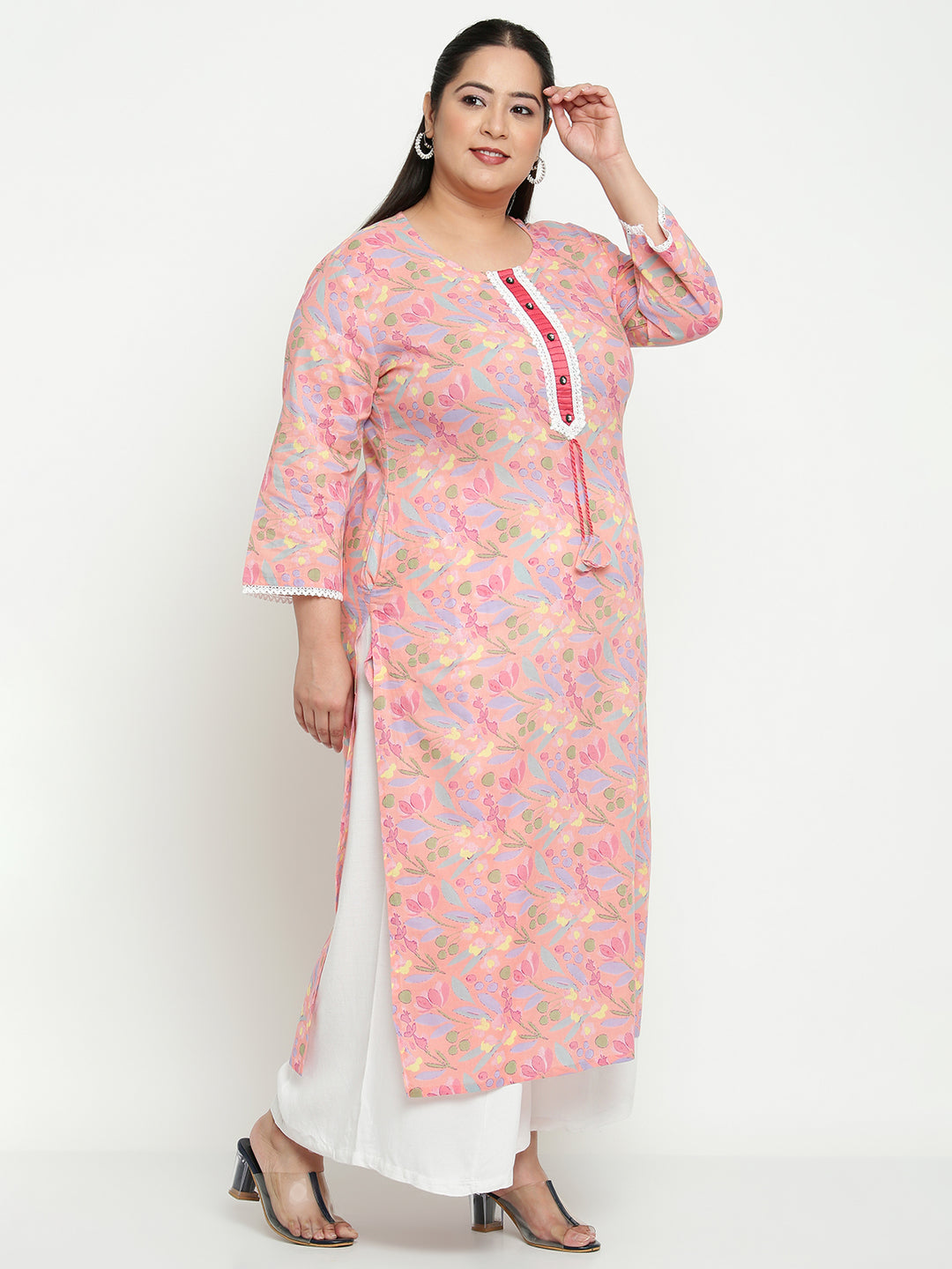 Women Pink Floral Printed Lace Detailing Cotton Plus Size Kurta
