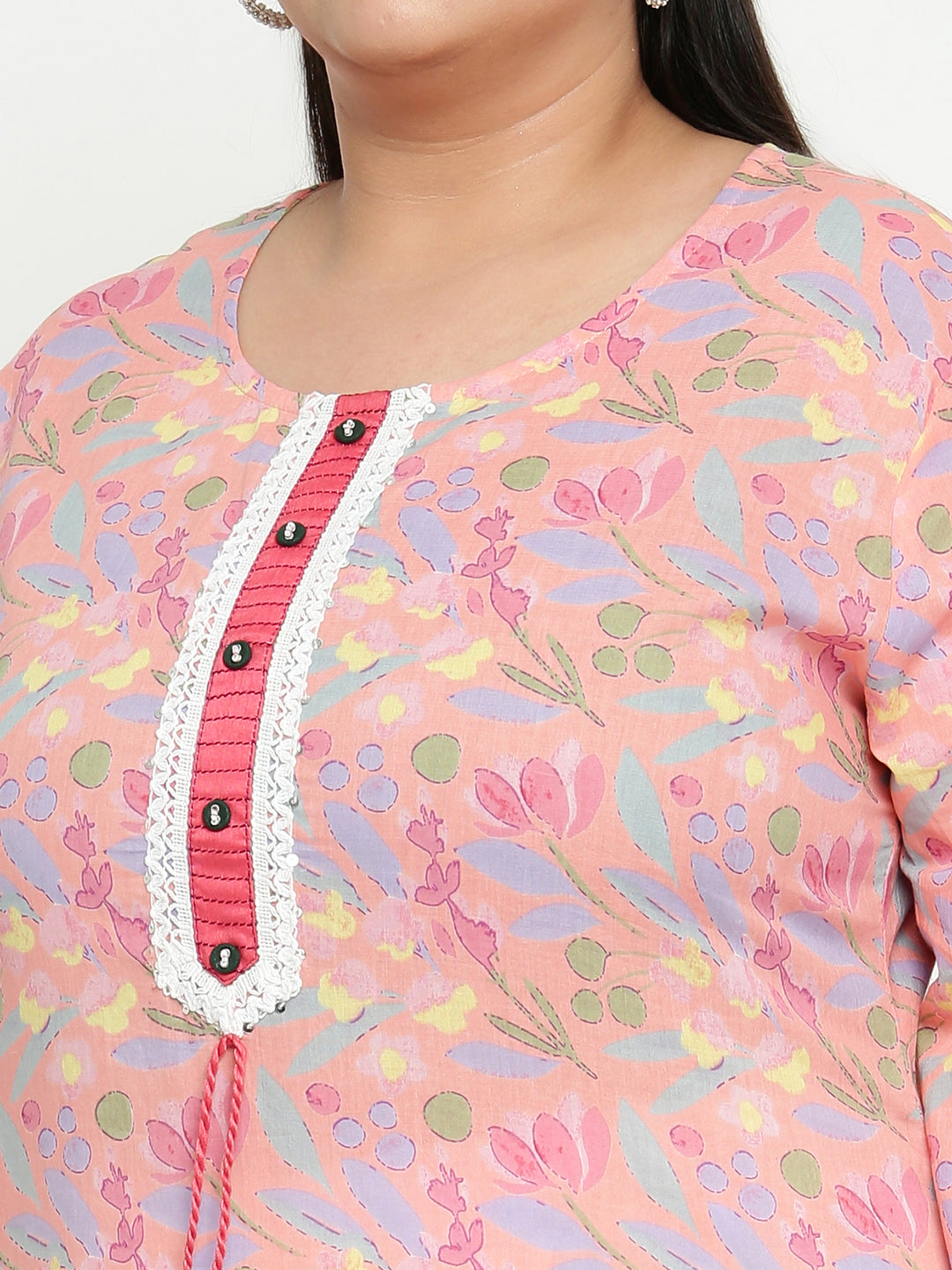 Women Pink Floral Printed Lace Detailing Cotton Plus Size Kurta