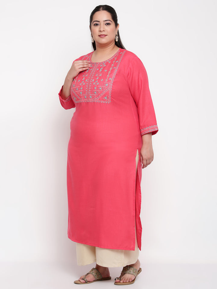 Women Pink Embroidered Yoke Design Plus Size Kurta