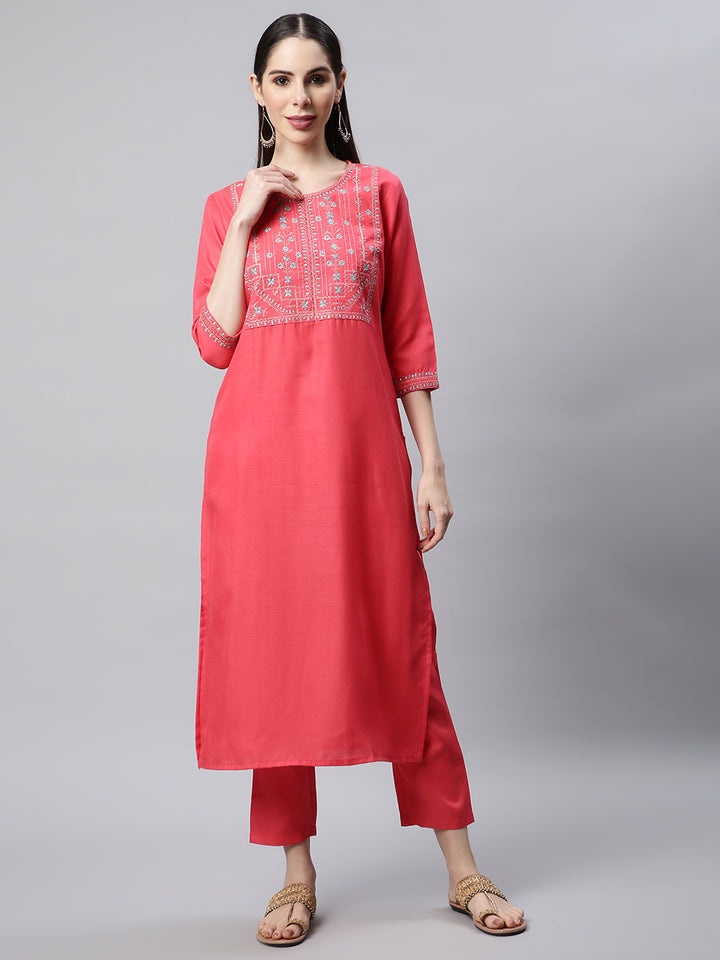 Women Pink Embroidered Yoke Design Kurta with Trousers