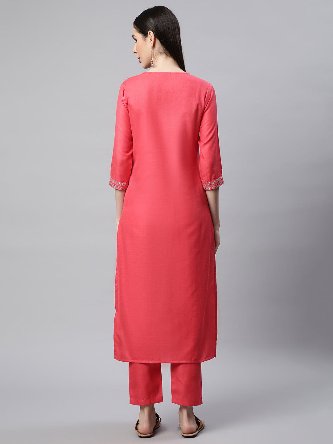 Women Pink Embroidered Yoke Design Kurta with Trousers