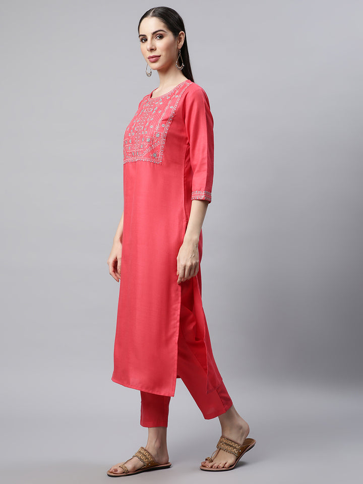 Women Pink Embroidered Yoke Design Kurta with Trousers