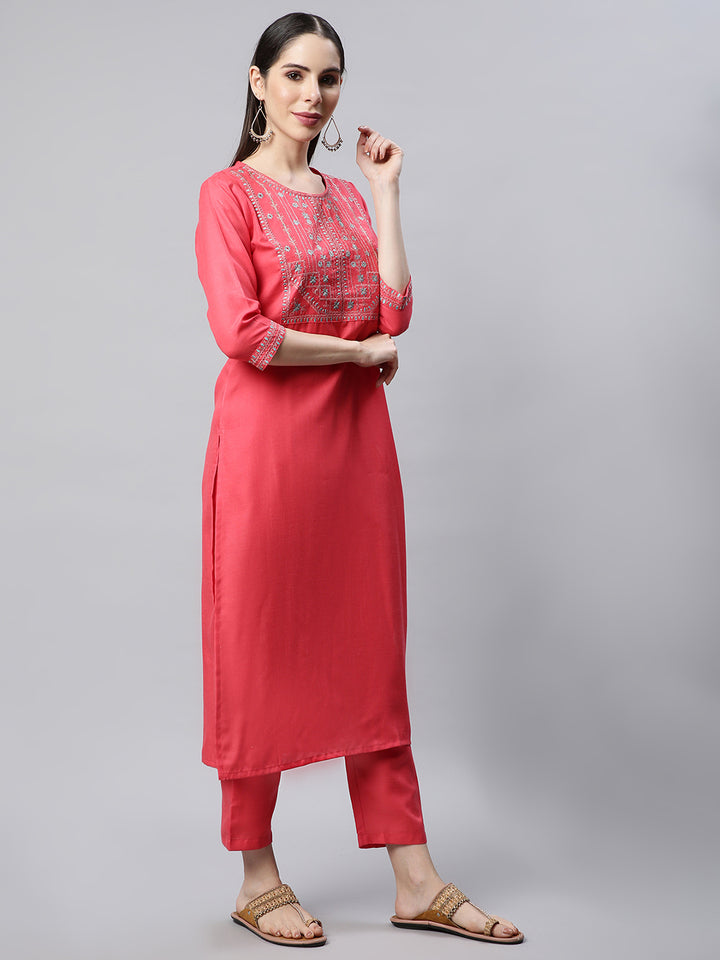Women Pink Embroidered Yoke Design Kurta with Trousers