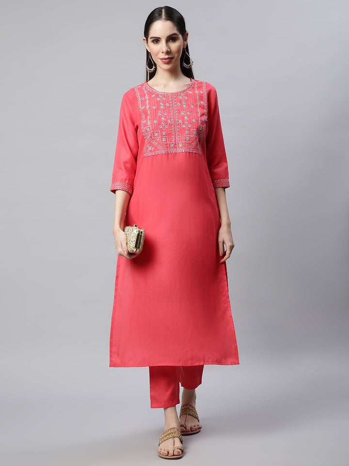 Women Pink Embroidered Yoke Design Kurta with Trousers