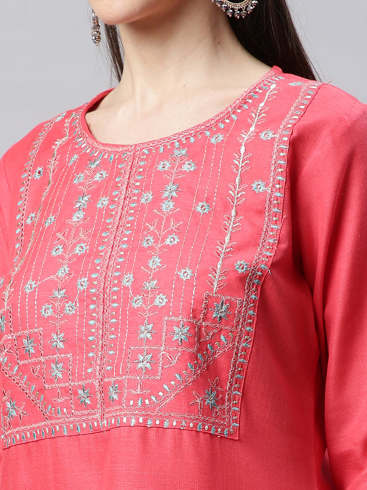 Women Pink Embroidered Yoke Design Kurta with Trousers
