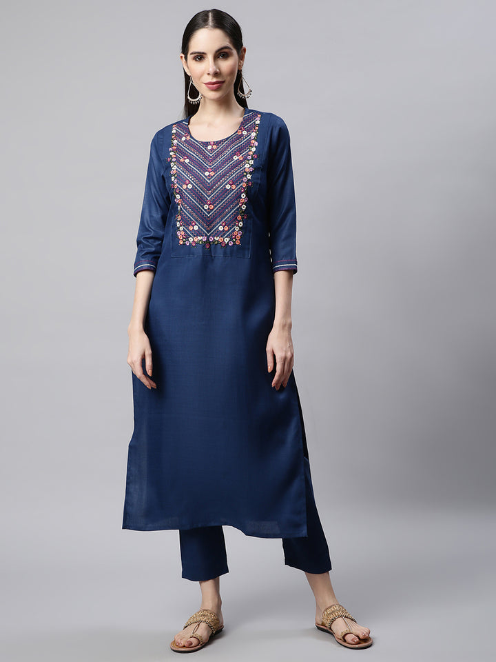 Women Blue Embroidered Yoke Design Kurta with Trousers