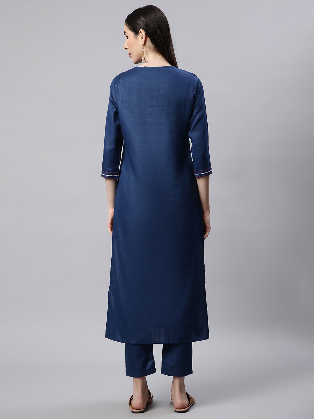 Women Blue Embroidered Yoke Design Kurta with Trousers