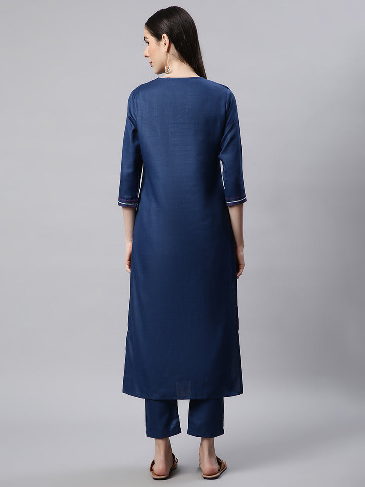 Women Blue Embroidered Yoke Design Kurta with Trousers