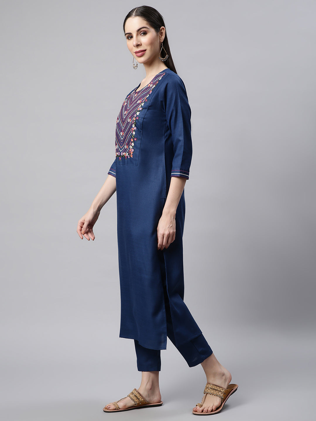 Women Blue Embroidered Yoke Design Kurta with Trousers