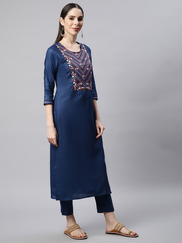 Women Blue Embroidered Yoke Design Kurta with Trousers
