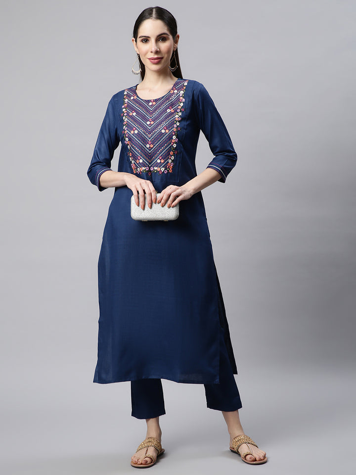 Women Blue Embroidered Yoke Design Kurta with Trousers