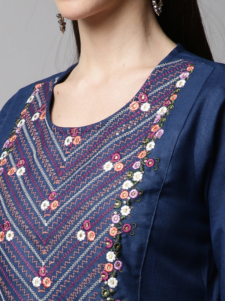 Women Blue Embroidered Yoke Design Kurta with Trousers
