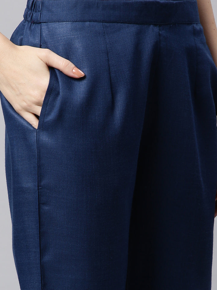 Women Blue Embroidered Yoke Design Kurta with Trousers