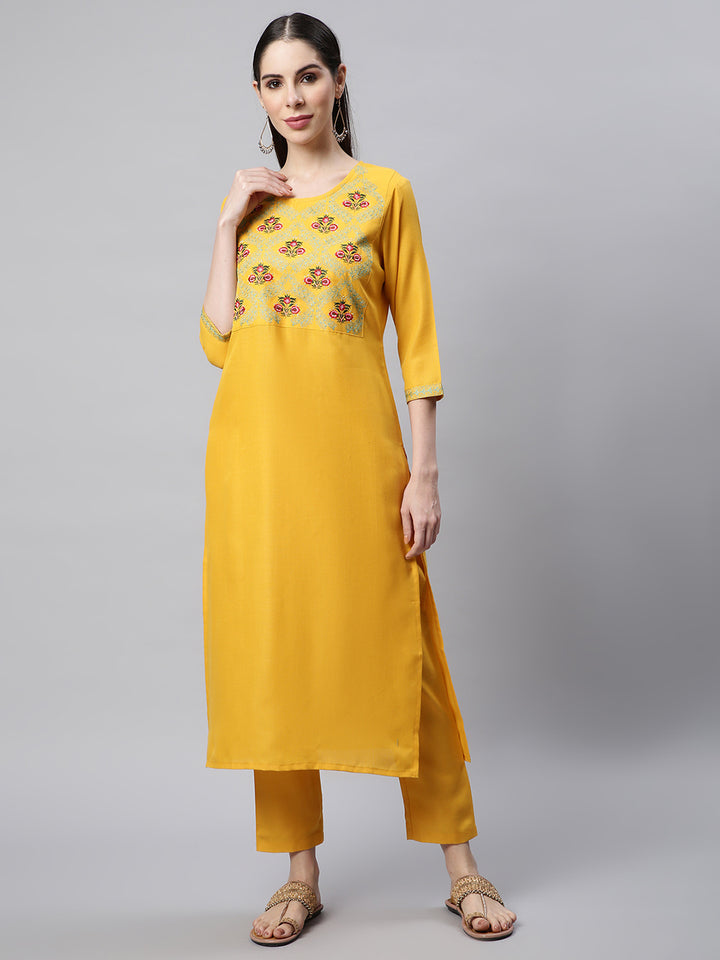 Yellow Embroidered Yoke Design Kurta with Trousers
