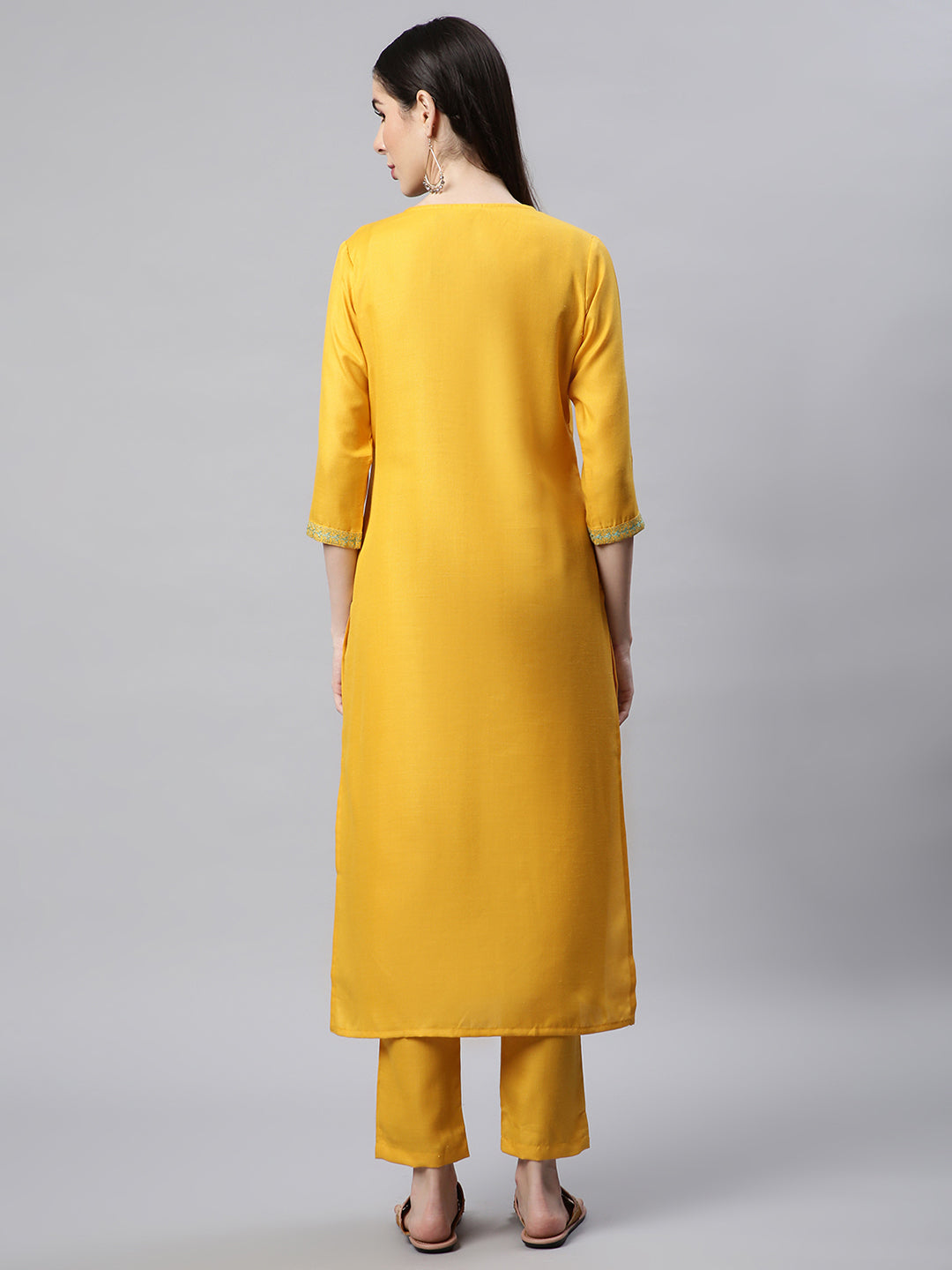 Yellow Embroidered Yoke Design Kurta with Trousers