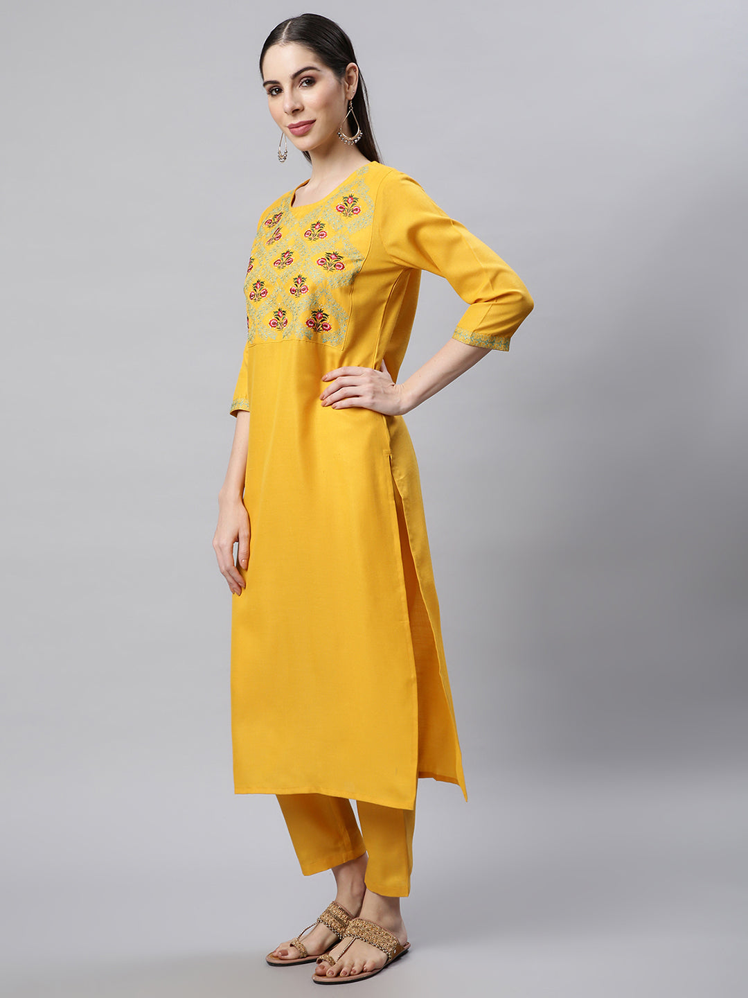 Yellow Embroidered Yoke Design Kurta with Trousers
