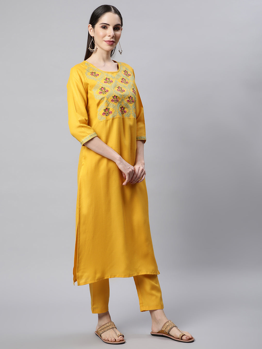 Yellow Embroidered Yoke Design Kurta with Trousers