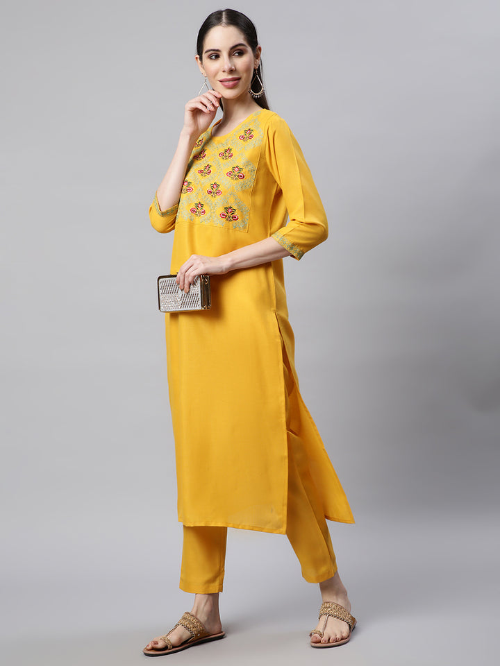 Yellow Embroidered Yoke Design Kurta with Trousers