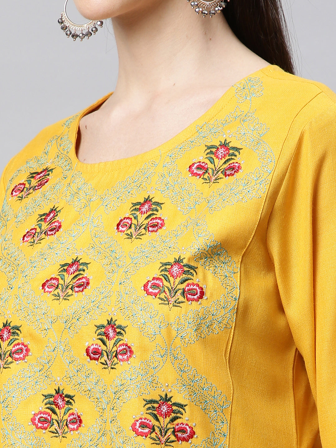 Yellow Embroidered Yoke Design Kurta with Trousers