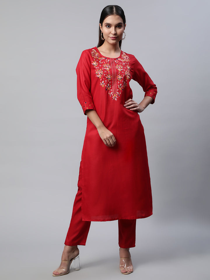 Women Red Yoke Design Thread Work Kurta with Trousers