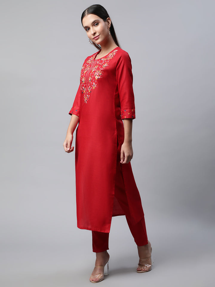 Women Red Yoke Design Thread Work Kurta with Trousers