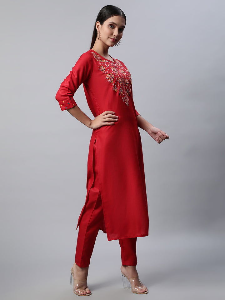 Women Red Yoke Design Thread Work Kurta with Trousers