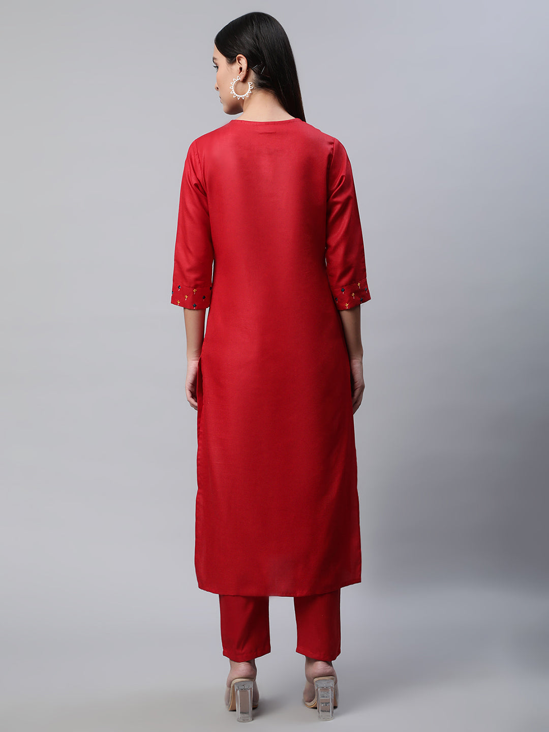 Women Red Yoke Design Thread Work Kurta with Trousers