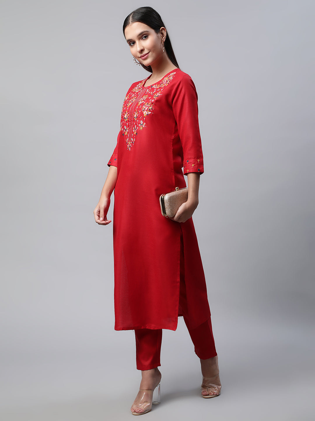 Women Red Yoke Design Thread Work Kurta with Trousers