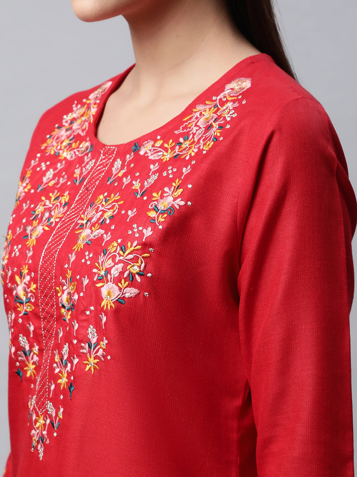 Women Red Yoke Design Thread Work Kurta with Trousers
