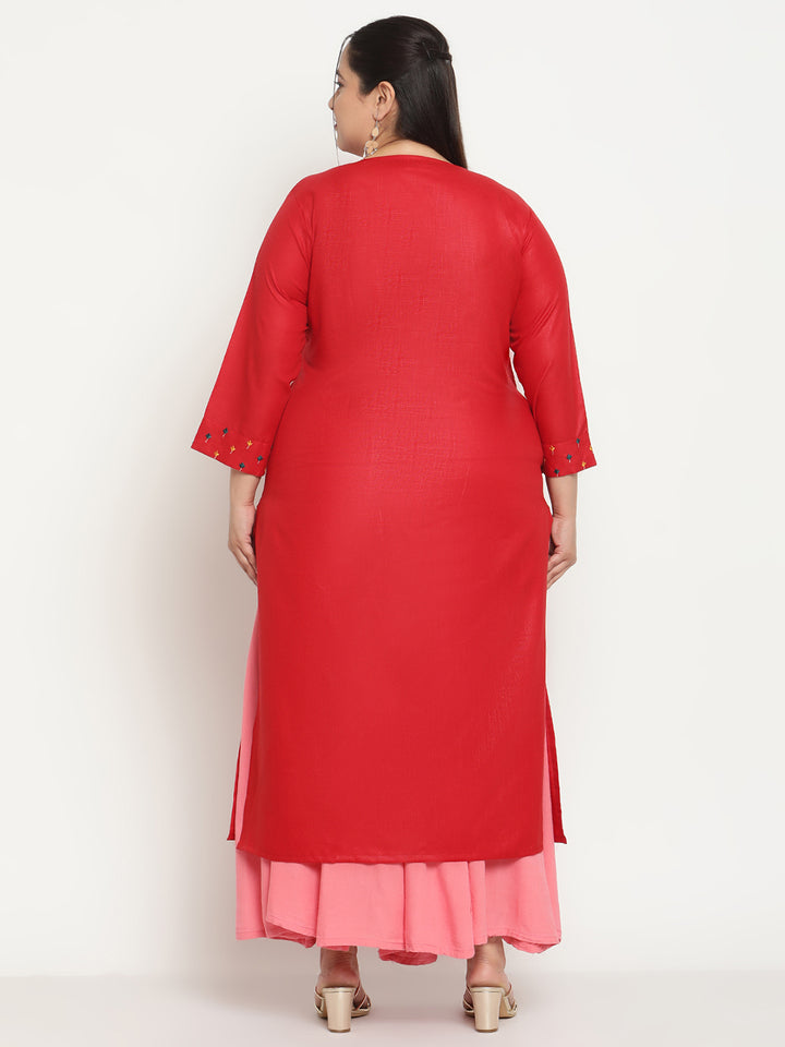 Women Red Embroidered Yoke Design Thread work Plus Size Kurta