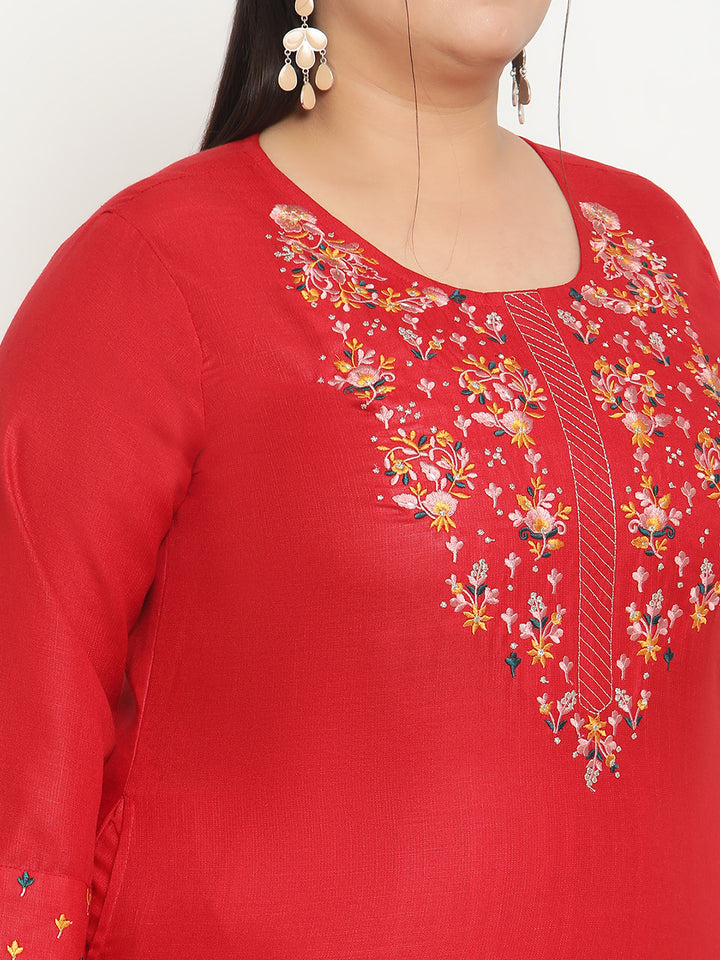 Women Red Embroidered Yoke Design Thread work Plus Size Kurta