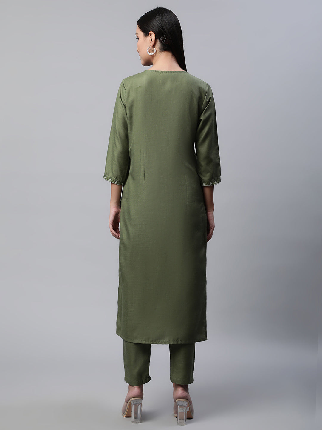 Women Green Embroidered Yoke Design Thread work Kurta with Trousers