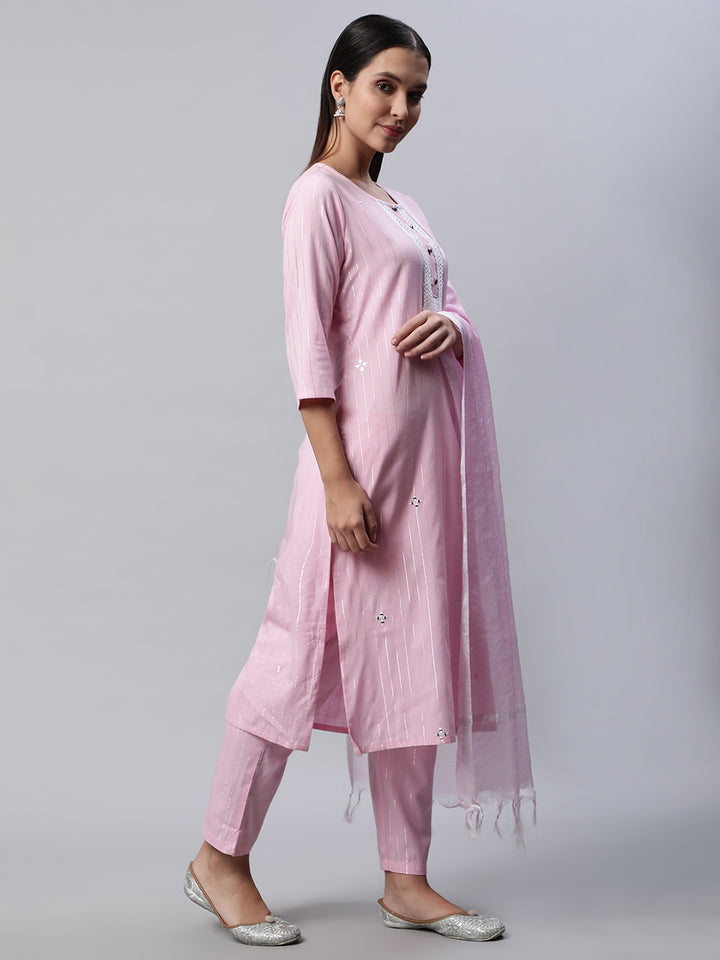 Women Pink Self Design Kurta with Trousers and Dupatta