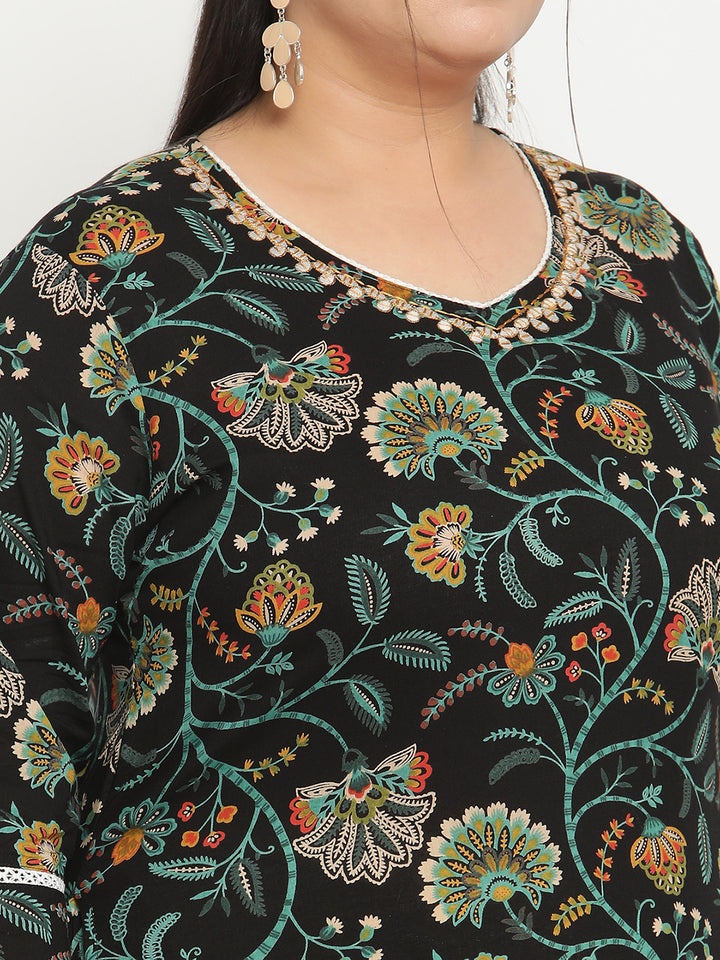 Women Black Printed Neck Embroidered Plus Size Kurta