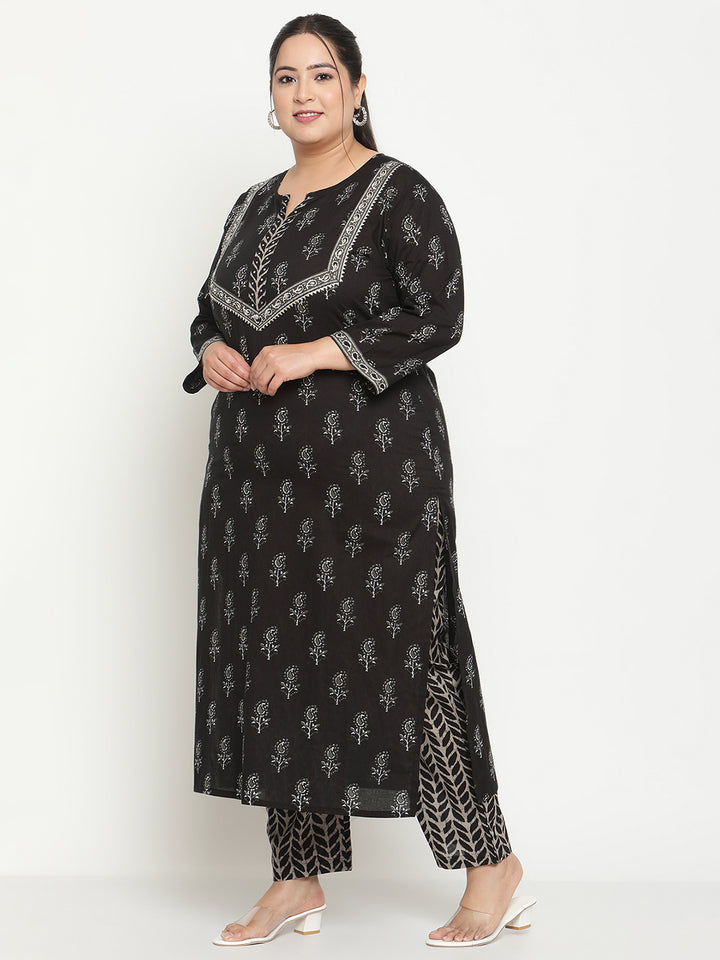 Women Black Printed Sequence Detailing Cotton Plus Size Kurta with Trousers and Dupatta