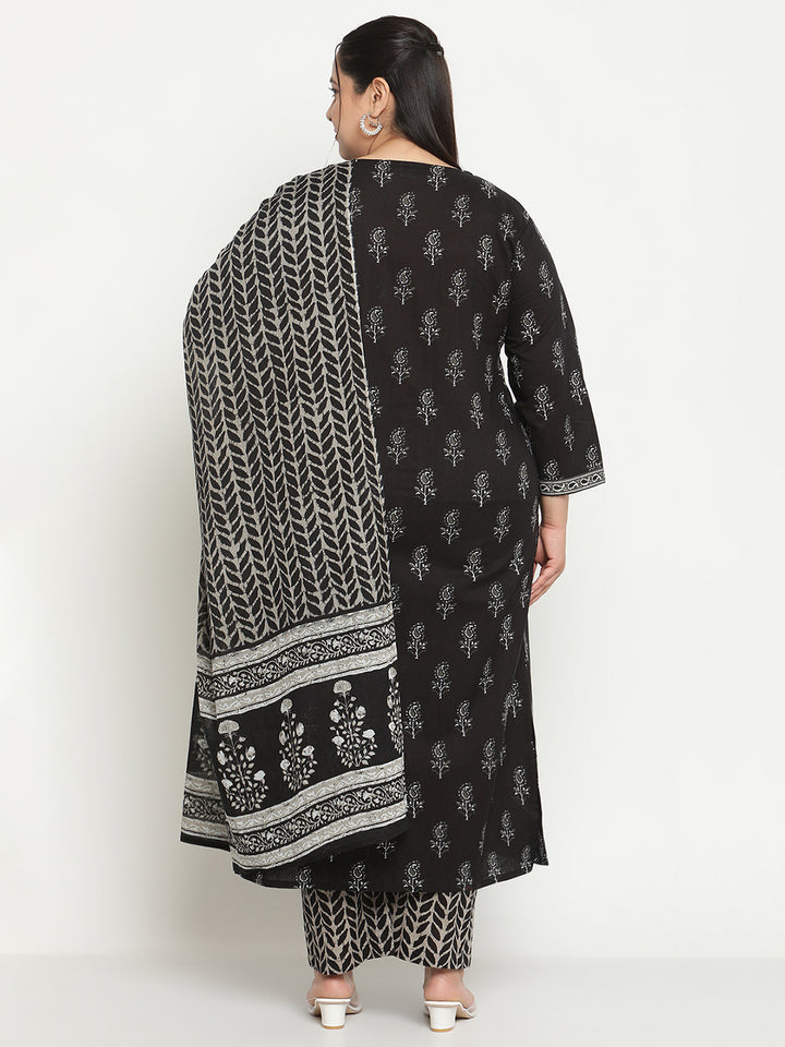 Women Black Printed Sequence Detailing Cotton Plus Size Kurta with Trousers and Dupatta