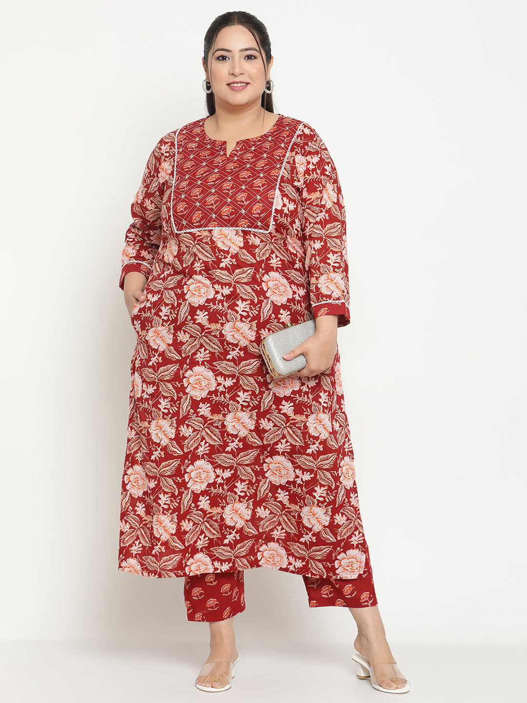 Red Floral Printed Yoke Detailing Pure Cotton Plus Size Kurta with Trousers