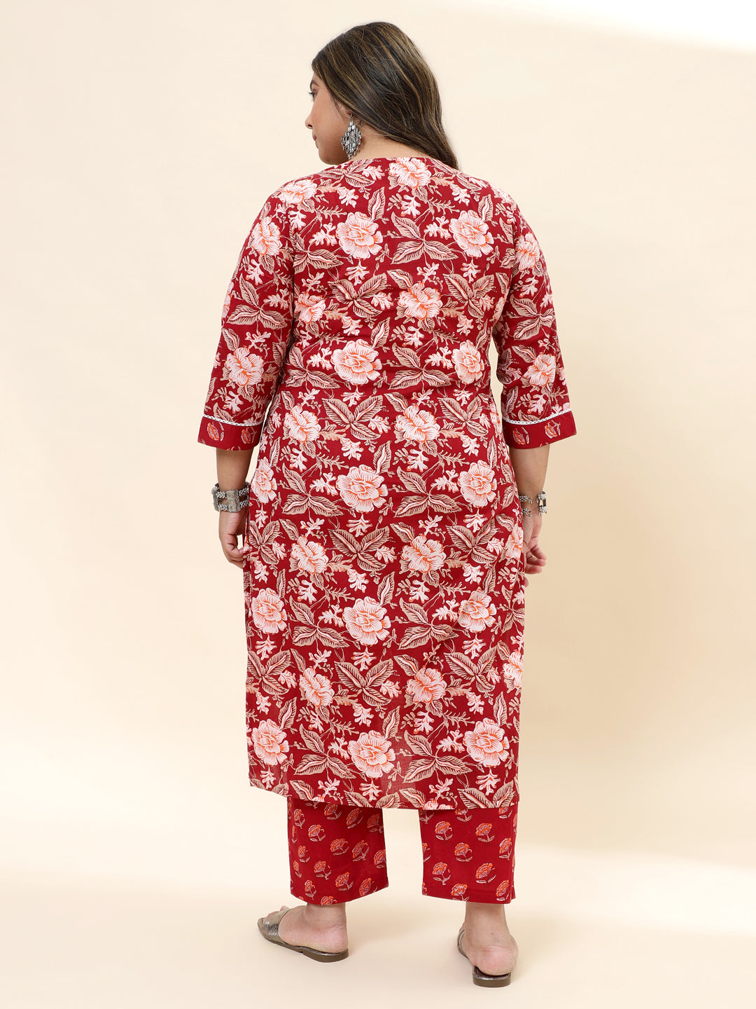 Red Floral Printed Yoke Detailing Pure Cotton Plus Size Kurta with Trousers