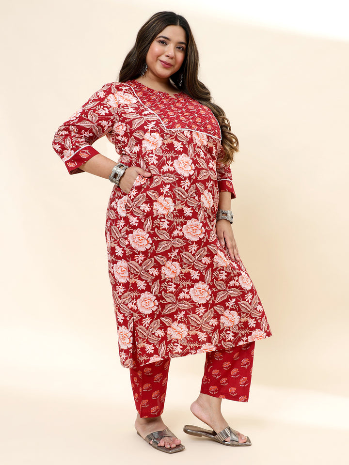 Red Floral Printed Yoke Detailing Pure Cotton Plus Size Kurta with Trousers