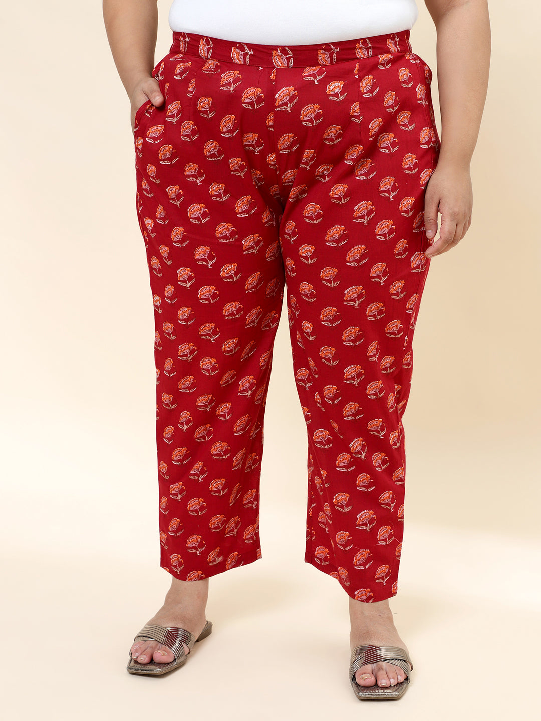 Red Floral Printed Yoke Detailing Pure Cotton Plus Size Kurta with Trousers